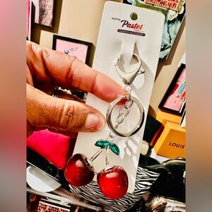 New (Silver) Mini Cherry Bag Charm/Keychain with Green Leaf and Silver Accents